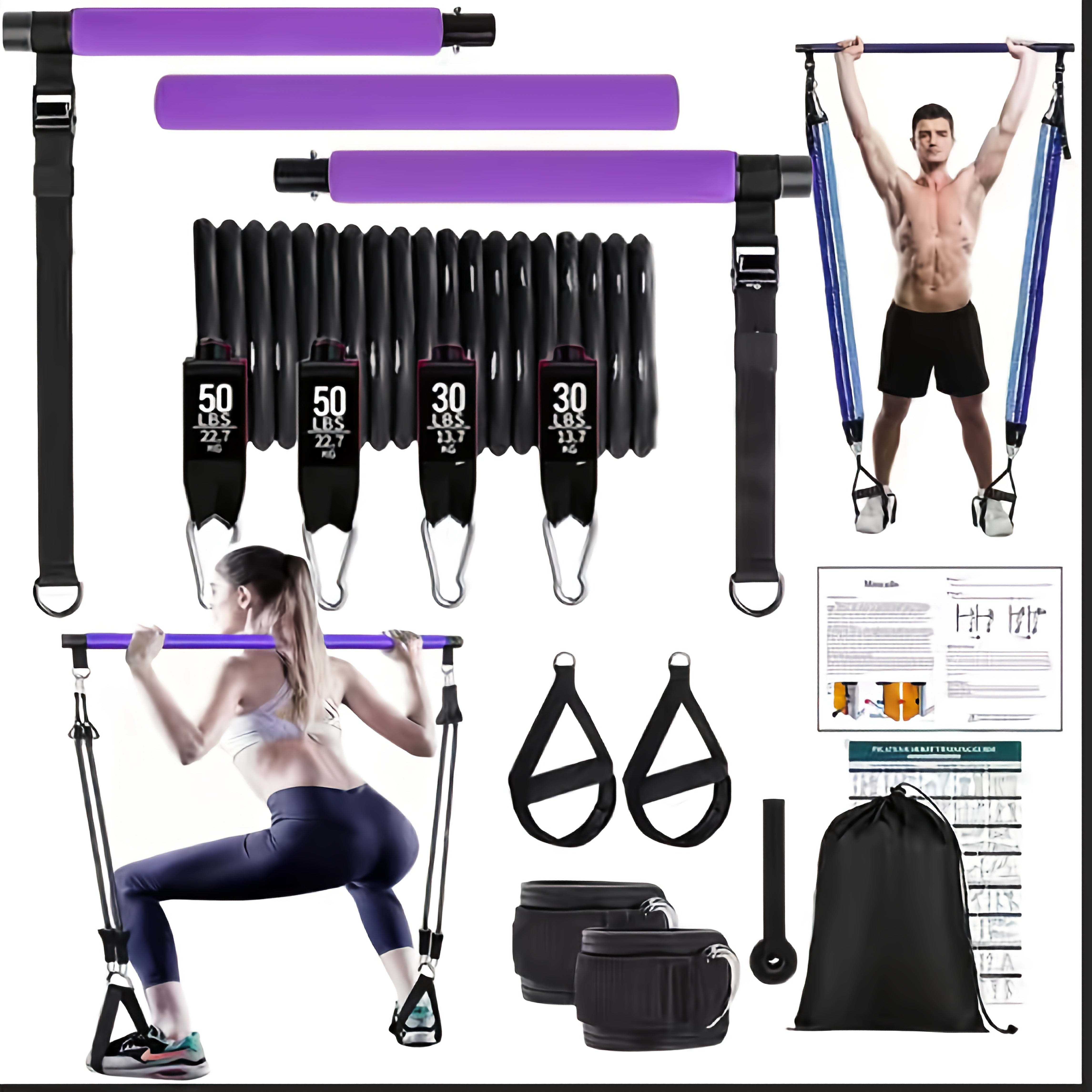 12pcs Pilates Bar Kit with 4 Resistance Bands (160LBS) for Home Gym, Yoga, Squats, And Full Body Shaping - Workout for Legs, Glutes, Waist, And Arms