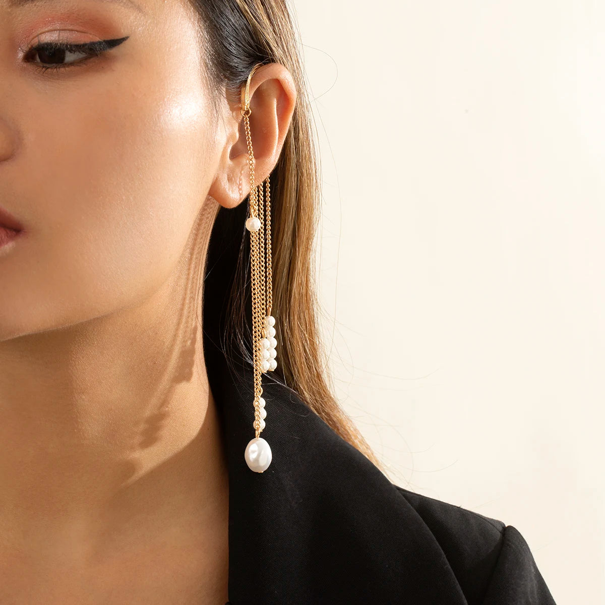 Ingemark Long Tassel Geometric Imitation Pearl Chain Clip Earrings No Pierced Ear Cuff Cartilage Elegant Female Women Jewelry
