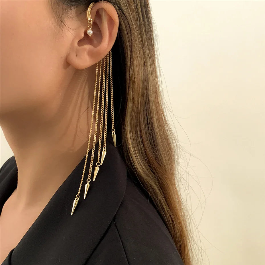 Ingemark Long Tassel Geometric Imitation Pearl Chain Clip Earrings No Pierced Ear Cuff Cartilage Elegant Female Women Jewelry
