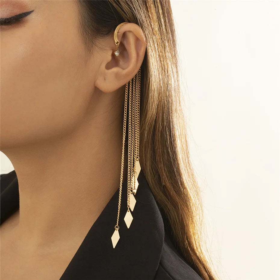 Ingemark Long Tassel Geometric Imitation Pearl Chain Clip Earrings No Pierced Ear Cuff Cartilage Elegant Female Women Jewelry