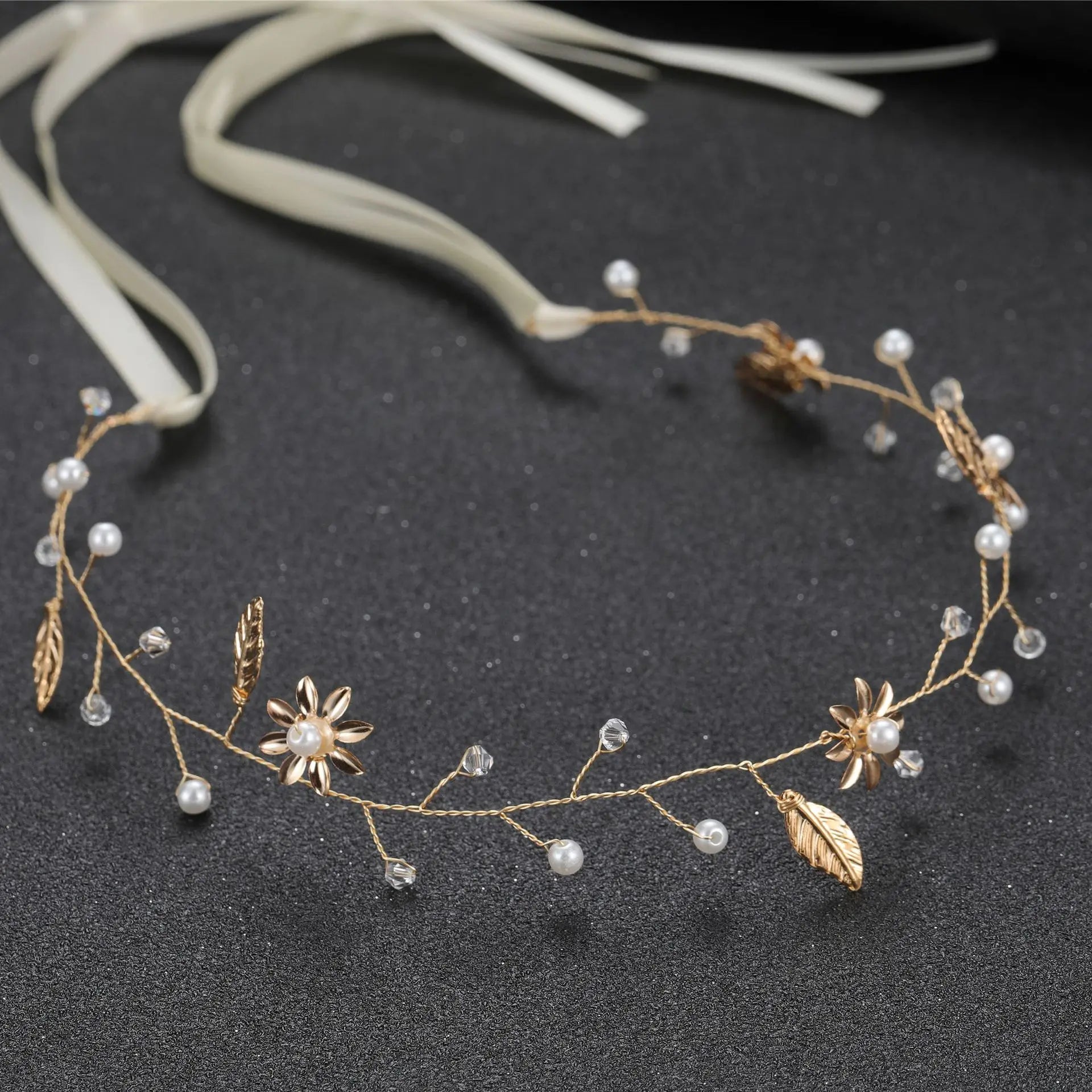 Gold Color Alloy Flower Headbands Artificial Pearl Hairbands Floral Headwear for Bride Wedding Women Girls Party Hair Jewelry