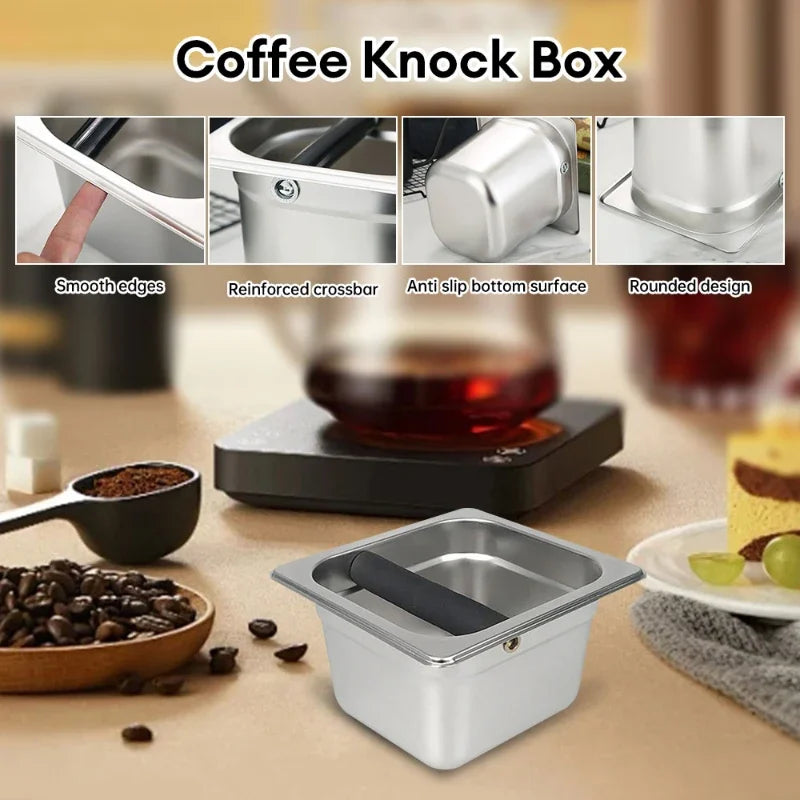 Large Capacity Coffee Knock Box Stainless Steel Coffee Shop Espresso Dump Bin Anti-slip Grind Waste Bin Coffee Grounds Bucket