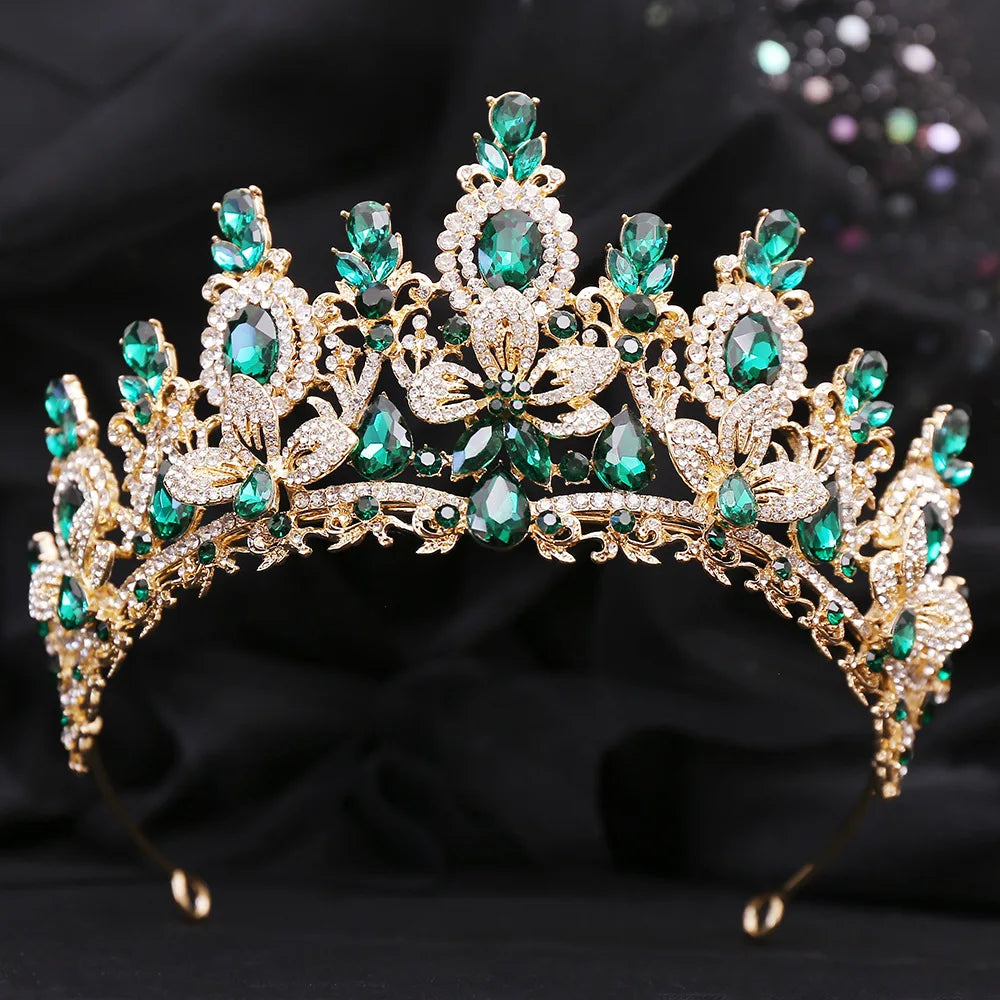 Gold Color Champagne Royal Queen Rhinestone Wedding Crown for Women Crystal Banquet Tiara Party Costume Hair Jewelry Accessories