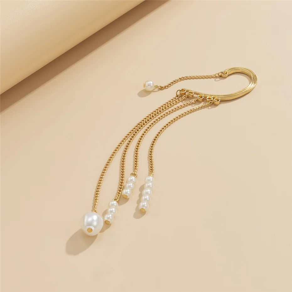 Ingemark Long Tassel Geometric Imitation Pearl Chain Clip Earrings No Pierced Ear Cuff Cartilage Elegant Female Women Jewelry