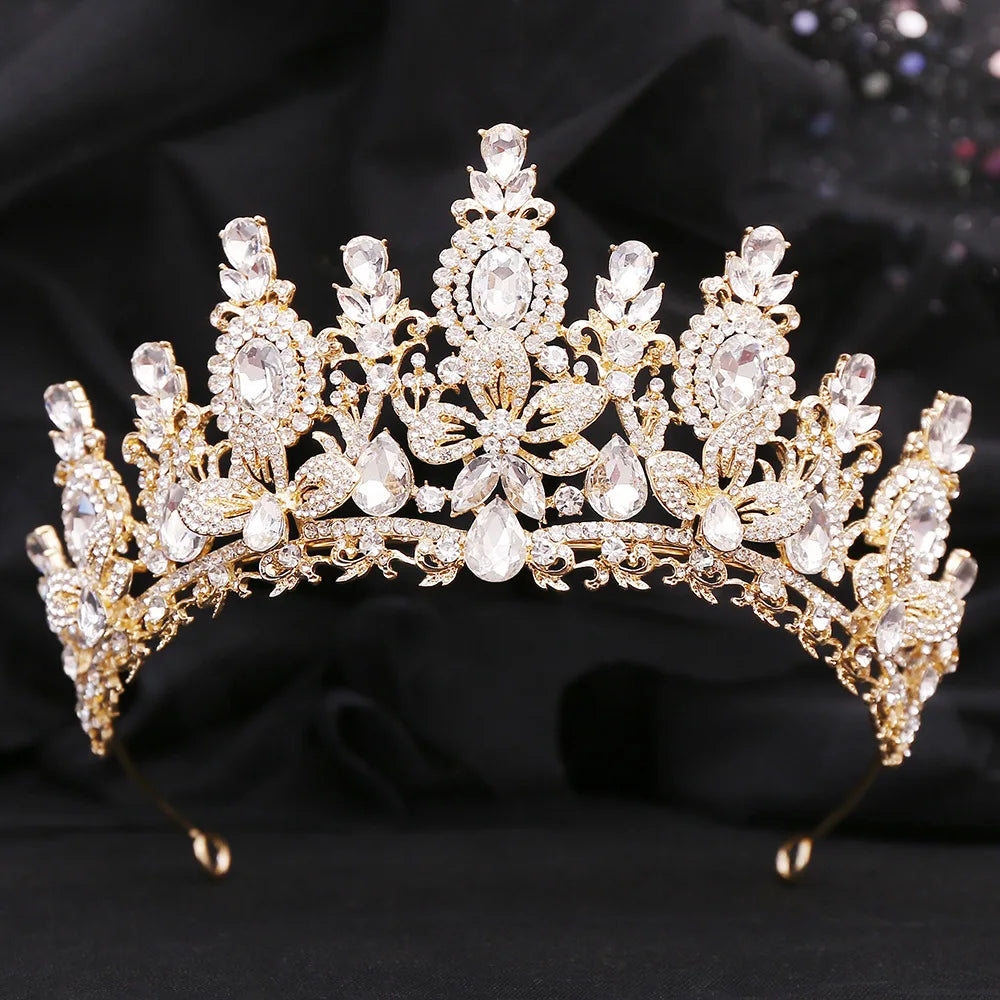 Gold Color Champagne Royal Queen Rhinestone Wedding Crown for Women Crystal Banquet Tiara Party Costume Hair Jewelry Accessories