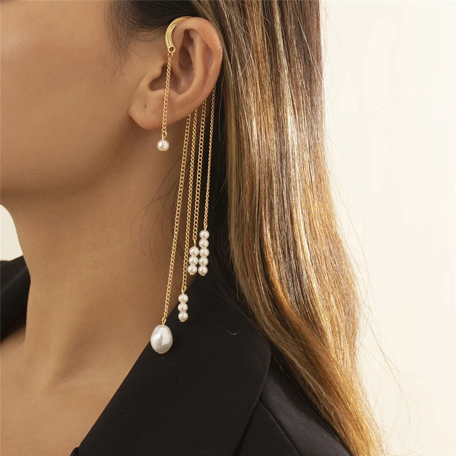 Ingemark Long Tassel Geometric Imitation Pearl Chain Clip Earrings No Pierced Ear Cuff Cartilage Elegant Female Women Jewelry