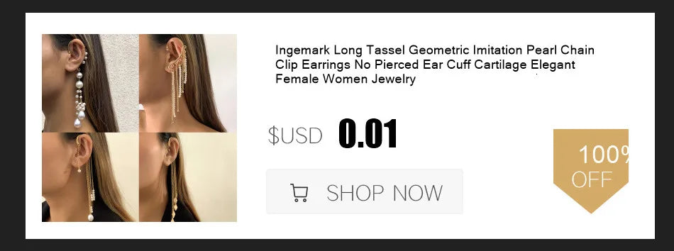 Ingemark Long Tassel Geometric Imitation Pearl Chain Clip Earrings No Pierced Ear Cuff Cartilage Elegant Female Women Jewelry