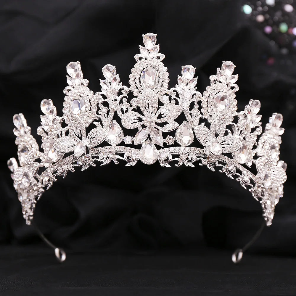 Gold Color Champagne Royal Queen Rhinestone Wedding Crown for Women Crystal Banquet Tiara Party Costume Hair Jewelry Accessories