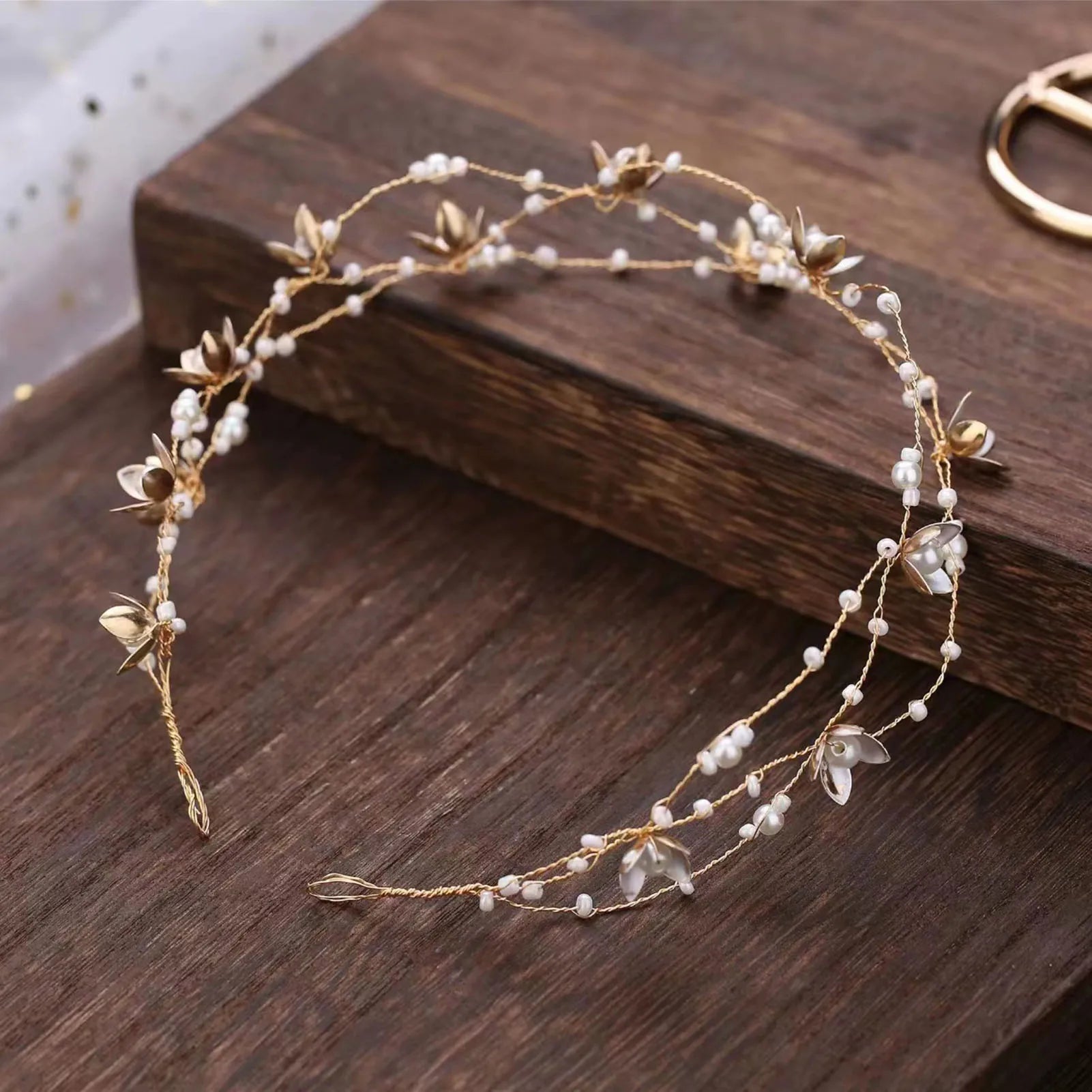 Gold Color Alloy Flower Headbands Artificial Pearl Hairbands Floral Headwear for Bride Wedding Women Girls Party Hair Jewelry
