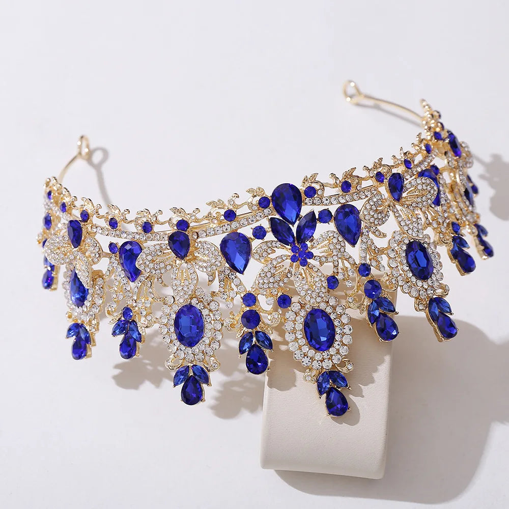 Gold Color Champagne Royal Queen Rhinestone Wedding Crown for Women Crystal Banquet Tiara Party Costume Hair Jewelry Accessories