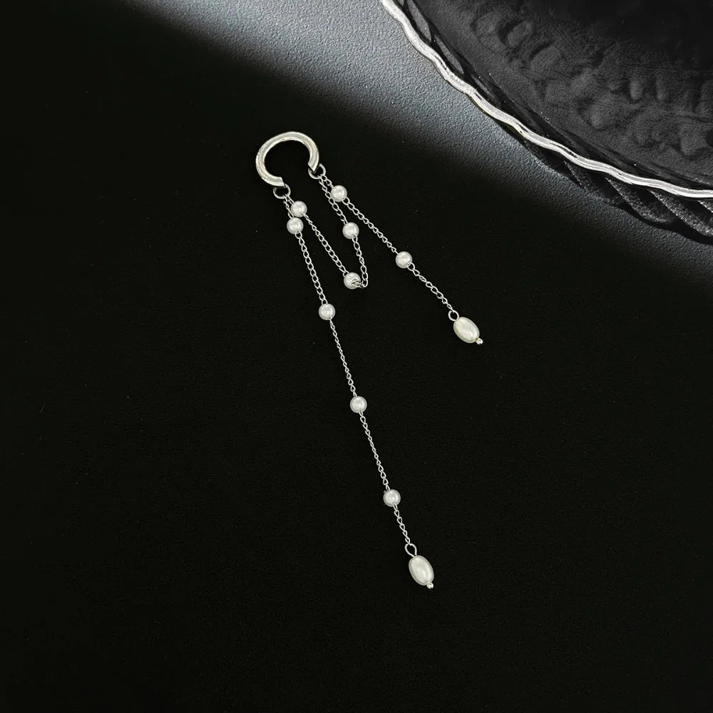 Korean Temperament Imitation Pearl Metal Chain Long Tassel C - Shaped No Ear Holes Earbone Clip for Women Clip Earrings Jewelry