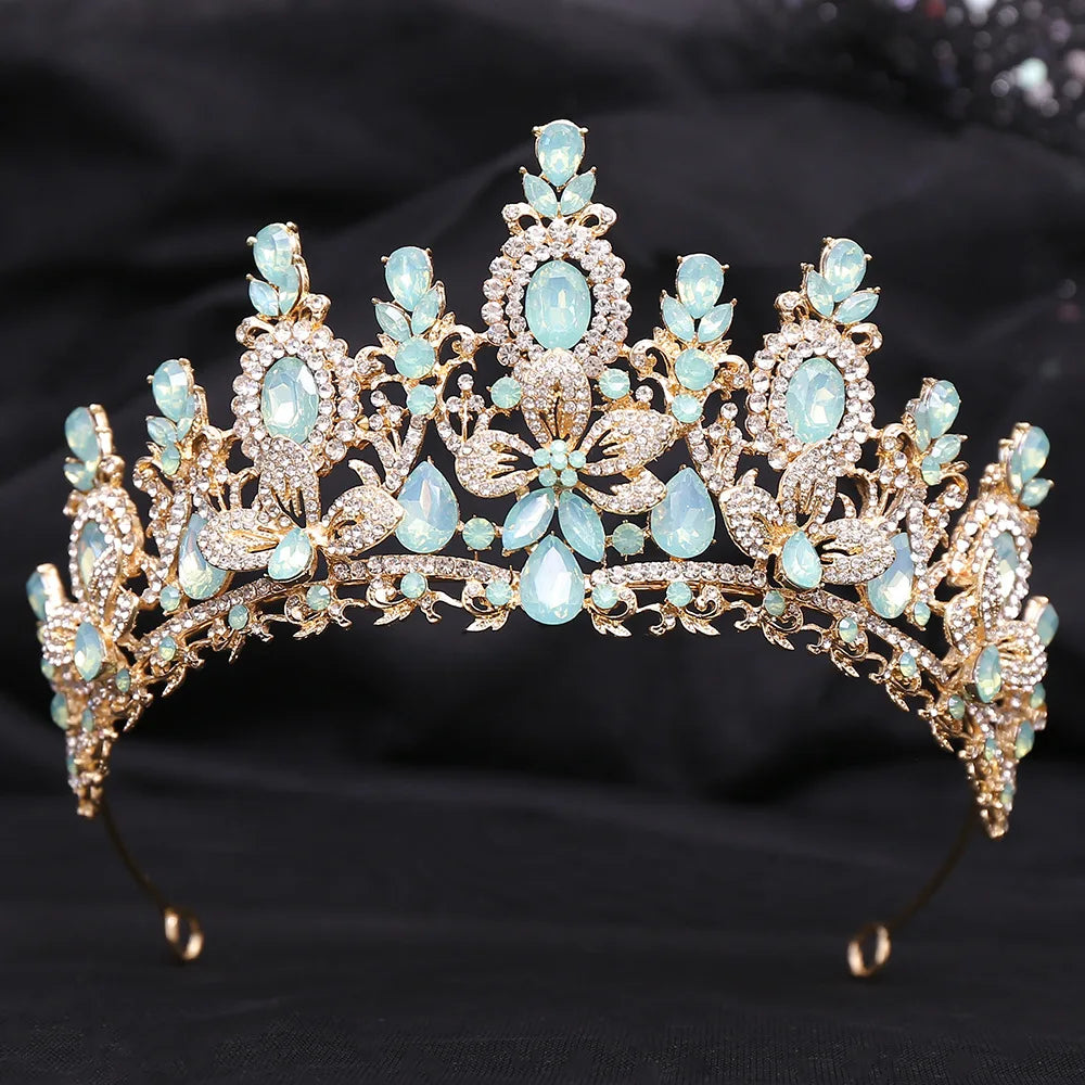 Gold Color Champagne Royal Queen Rhinestone Wedding Crown for Women Crystal Banquet Tiara Party Costume Hair Jewelry Accessories