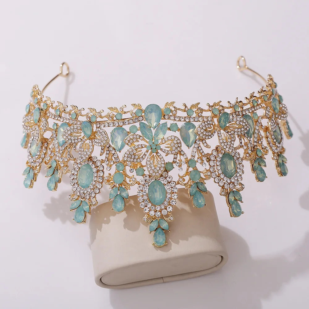 Gold Color Champagne Royal Queen Rhinestone Wedding Crown for Women Crystal Banquet Tiara Party Costume Hair Jewelry Accessories