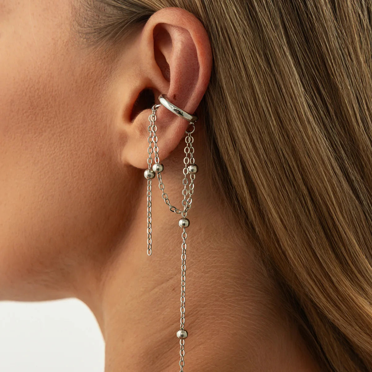 Korean Temperament Imitation Pearl Metal Chain Long Tassel C - Shaped No Ear Holes Earbone Clip for Women Clip Earrings Jewelry