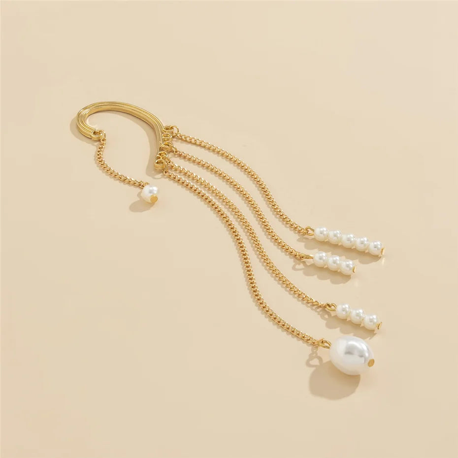 Ingemark Long Tassel Geometric Imitation Pearl Chain Clip Earrings No Pierced Ear Cuff Cartilage Elegant Female Women Jewelry