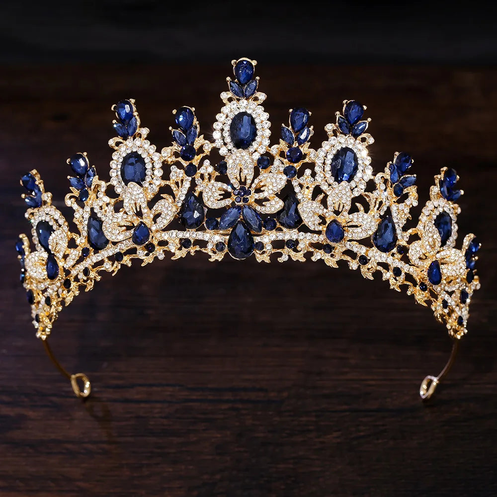 Gold Color Champagne Royal Queen Rhinestone Wedding Crown for Women Crystal Banquet Tiara Party Costume Hair Jewelry Accessories