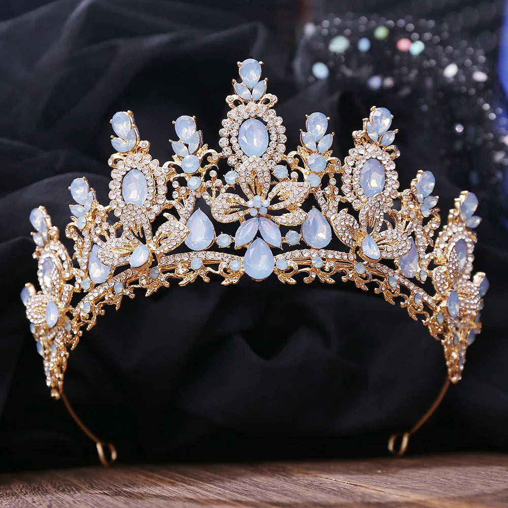 Gold Color Champagne Royal Queen Rhinestone Wedding Crown for Women Crystal Banquet Tiara Party Costume Hair Jewelry Accessories
