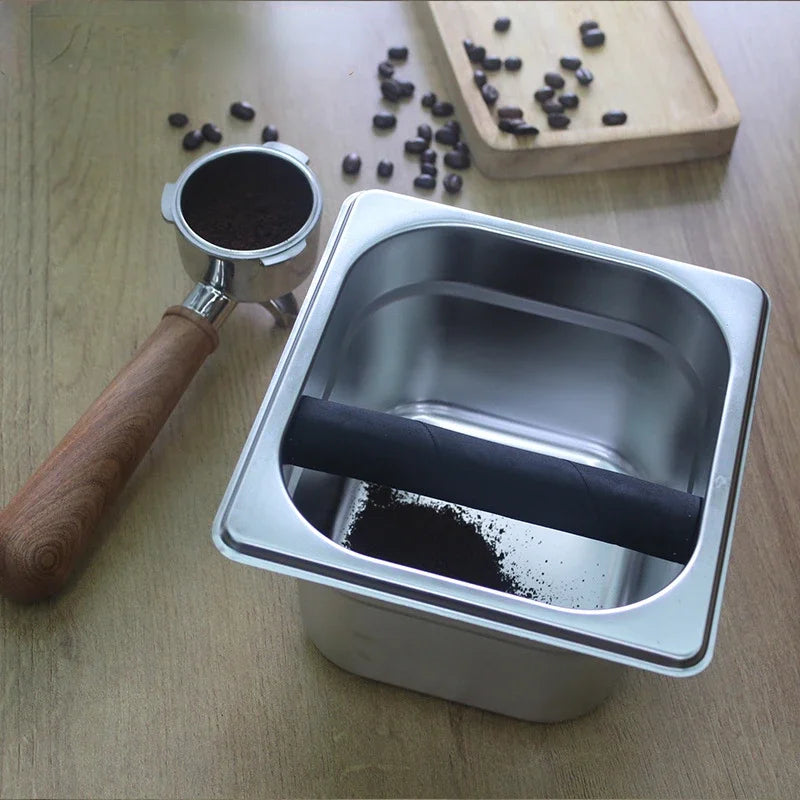 Large Capacity Coffee Knock Box Stainless Steel Coffee Shop Espresso Dump Bin Anti-slip Grind Waste Bin Coffee Grounds Bucket