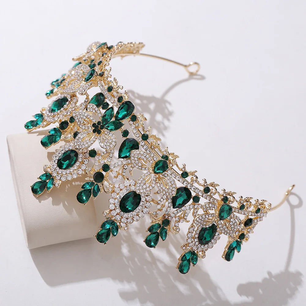 Gold Color Champagne Royal Queen Rhinestone Wedding Crown for Women Crystal Banquet Tiara Party Costume Hair Jewelry Accessories