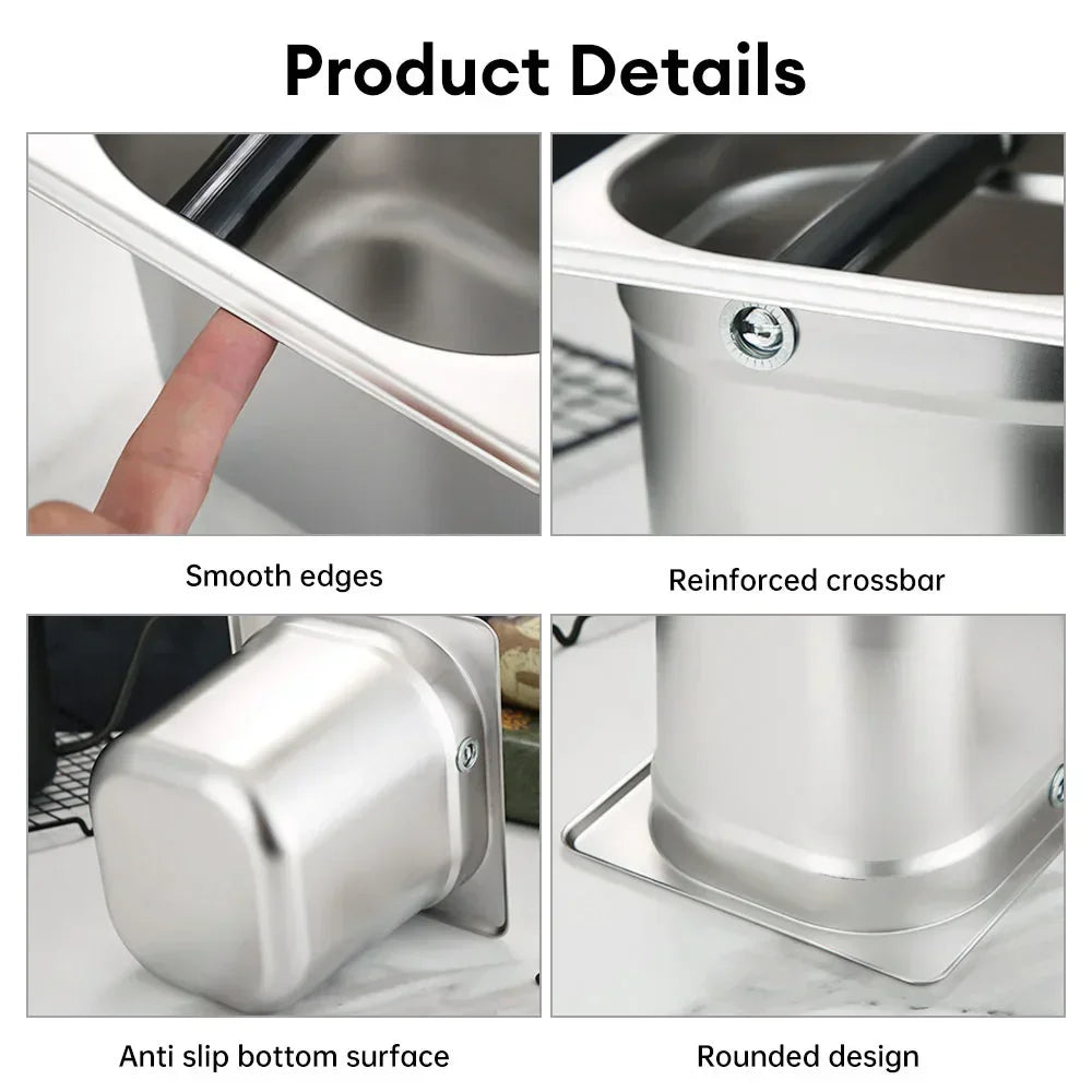 Large Capacity Coffee Knock Box Stainless Steel Coffee Shop Espresso Dump Bin Anti-slip Grind Waste Bin Coffee Grounds Bucket