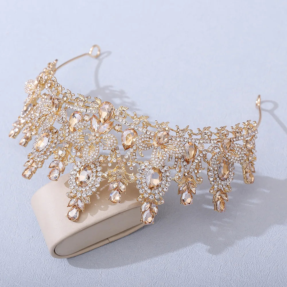 Gold Color Champagne Royal Queen Rhinestone Wedding Crown for Women Crystal Banquet Tiara Party Costume Hair Jewelry Accessories