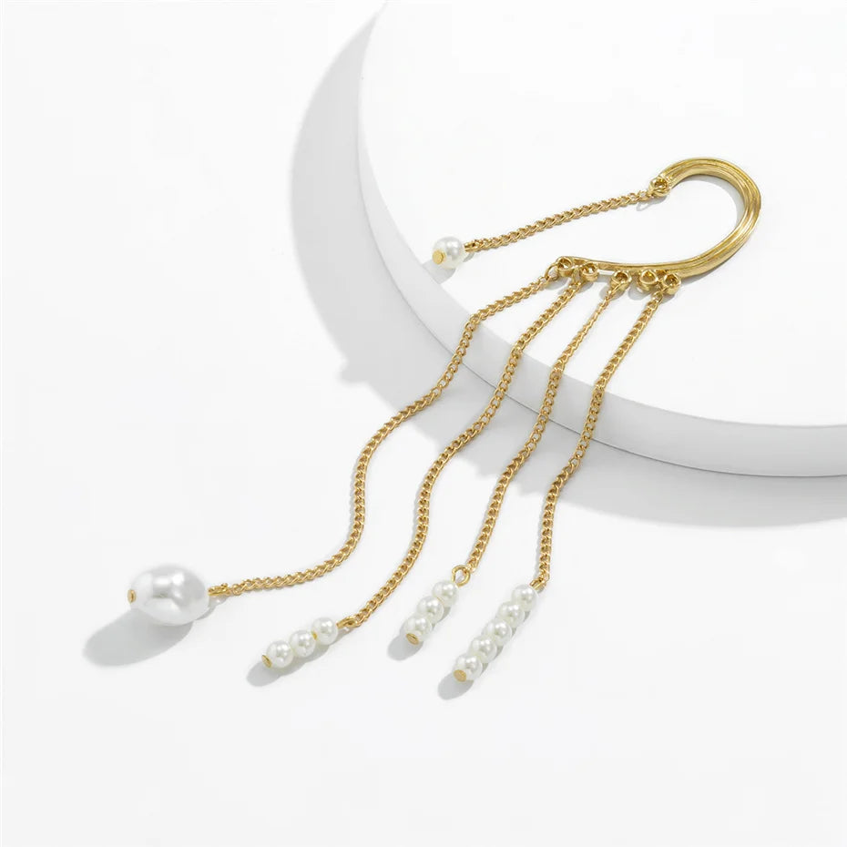 Ingemark Long Tassel Geometric Imitation Pearl Chain Clip Earrings No Pierced Ear Cuff Cartilage Elegant Female Women Jewelry