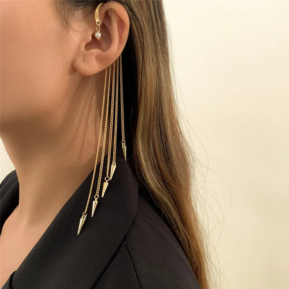 Ingemark Long Tassel Geometric Imitation Pearl Chain Clip Earrings No Pierced Ear Cuff Cartilage Elegant Female Women Jewelry