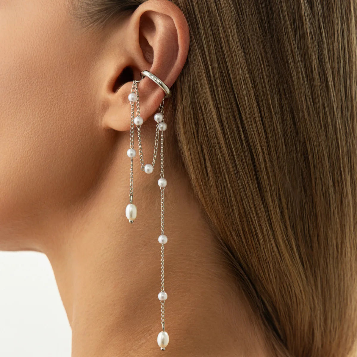 Korean Temperament Imitation Pearl Metal Chain Long Tassel C - Shaped No Ear Holes Earbone Clip for Women Clip Earrings Jewelry
