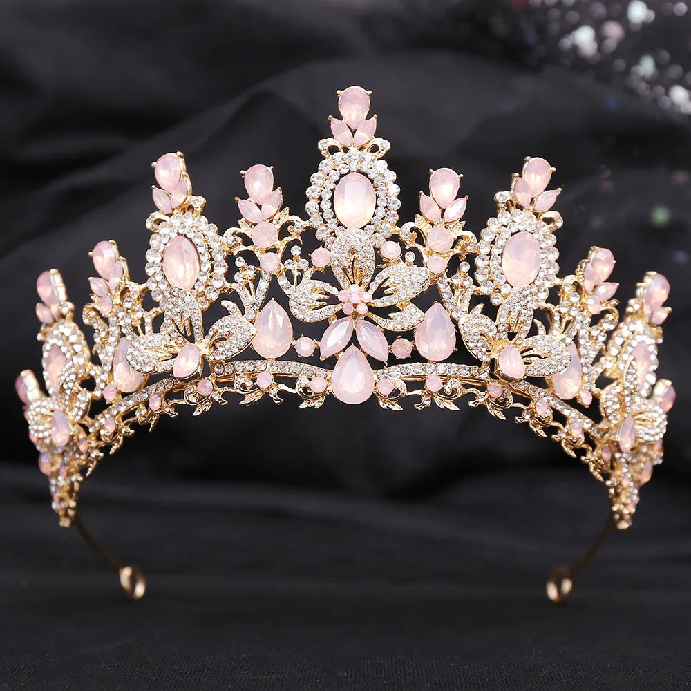 Gold Color Champagne Royal Queen Rhinestone Wedding Crown for Women Crystal Banquet Tiara Party Costume Hair Jewelry Accessories