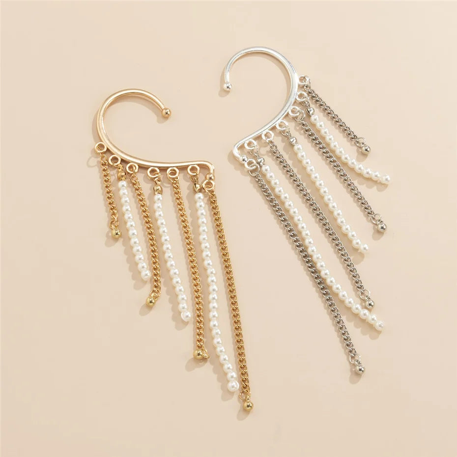 Ingemark Long Tassel Geometric Imitation Pearl Chain Clip Earrings No Pierced Ear Cuff Cartilage Elegant Female Women Jewelry