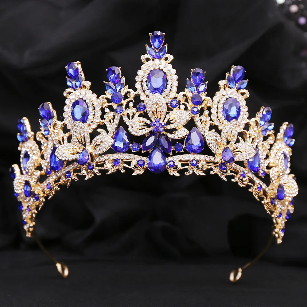 Gold Color Champagne Royal Queen Rhinestone Wedding Crown for Women Crystal Banquet Tiara Party Costume Hair Jewelry Accessories