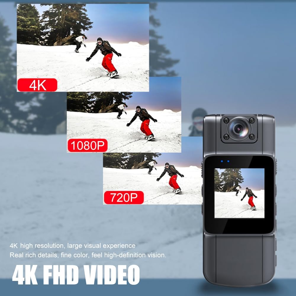 4K Body Camera with Audio/Video Recording, 150° & 180° Rotatable, Night Vision, Motion Detection, 1.54” TFT Screen, 7-Hour Battery, SD Card Compatible for Surveillance, Dash Cam (MP4 Recording)