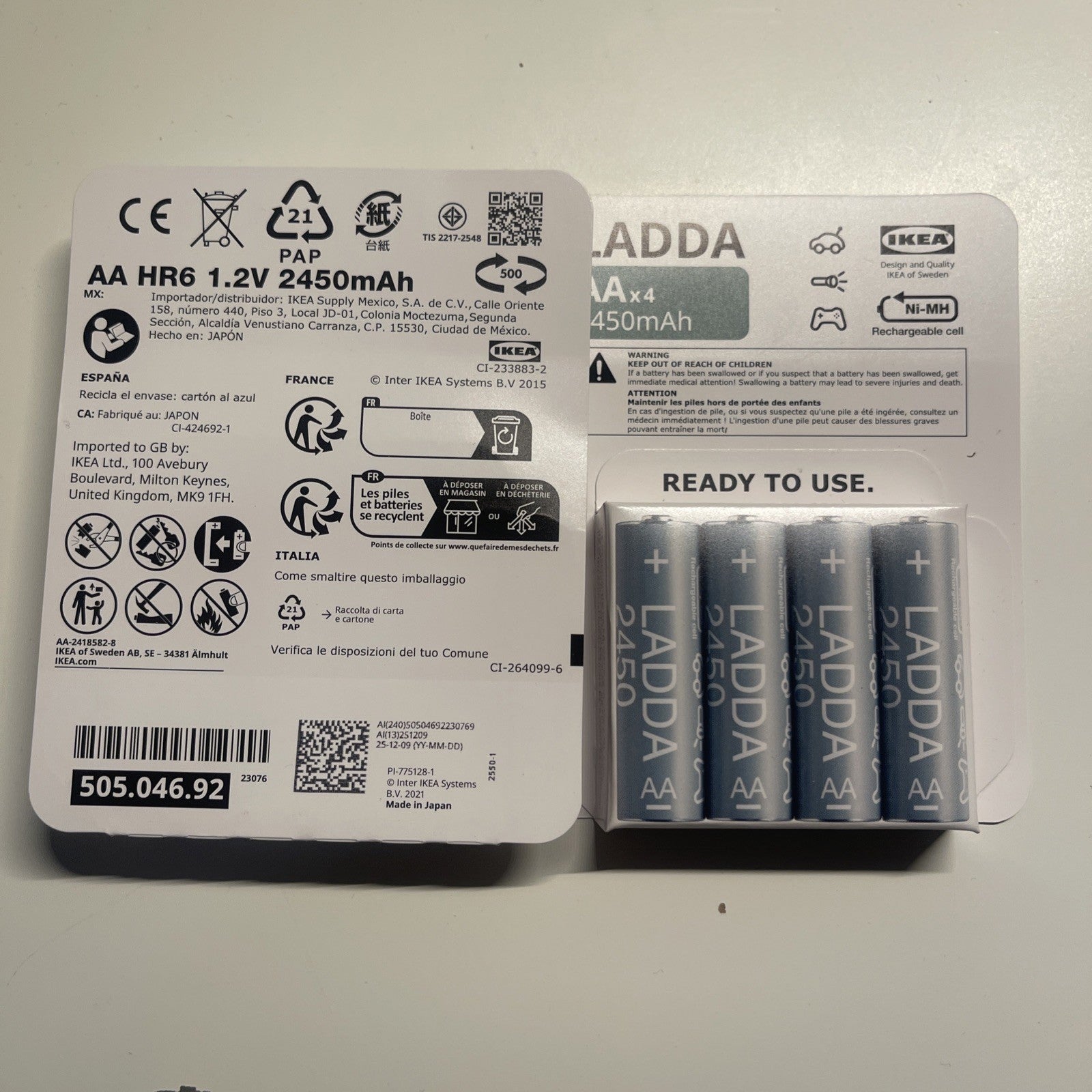 LADDA Rechargeable Batteries AA 1.2V 2450mAh TWO PACKS OF FOUR. Made in Japan