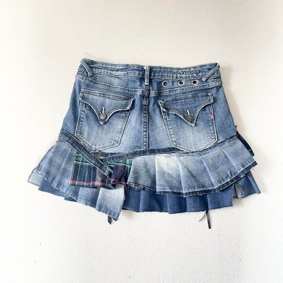 Y2k mini pleated denim skirt upcycled reworked