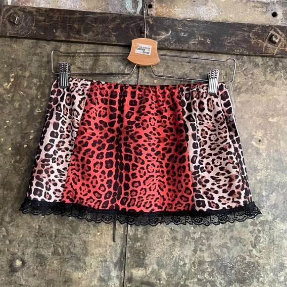 Y2K cheetah leopard mini skirt with sequins and lace upcycled