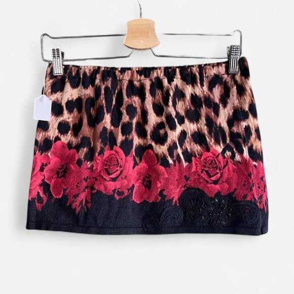 Y2K cheetah leopard and roses beaded mini skirt handmade upcycled