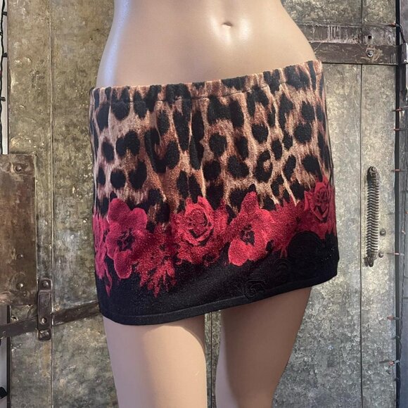 Y2K cheetah leopard and roses beaded mini skirt handmade upcycled