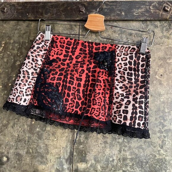 Y2K cheetah leopard mini skirt with sequins and lace upcycled