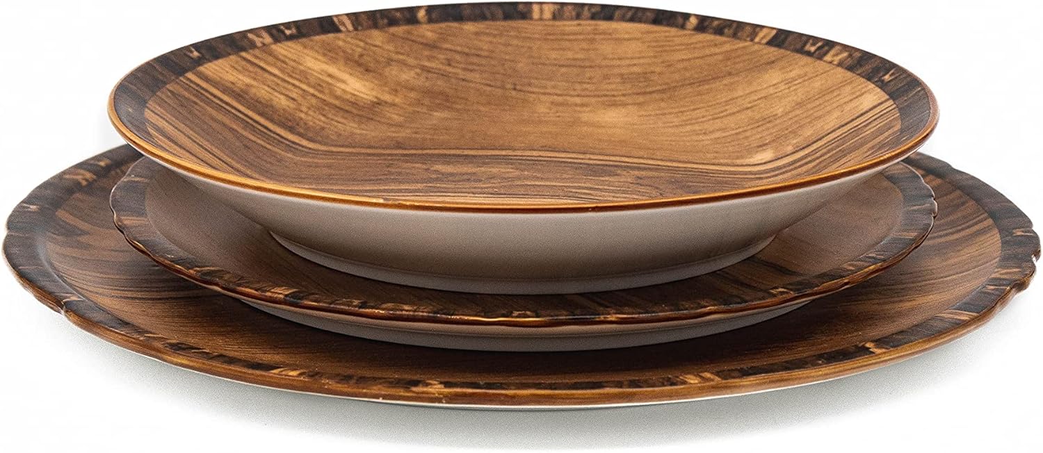 Godinger Dinnerware Set with 4 Dinner Plates, 4 Salad Plates, 4 Flat Bowls- 12 Piece Set, Brown Porcelain