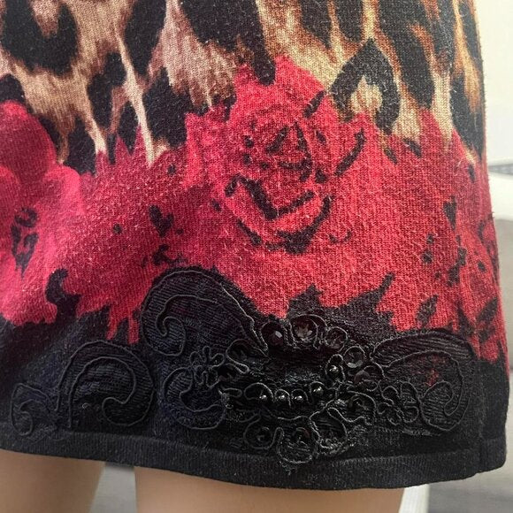 Y2K cheetah leopard and roses beaded mini skirt handmade upcycled