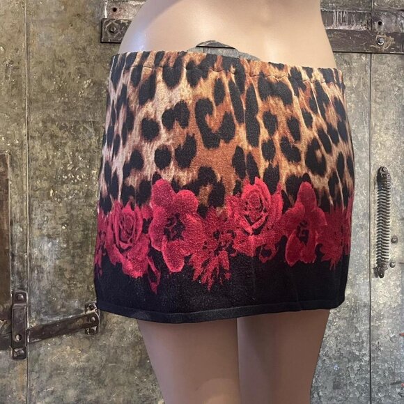 Y2K cheetah leopard and roses beaded mini skirt handmade upcycled