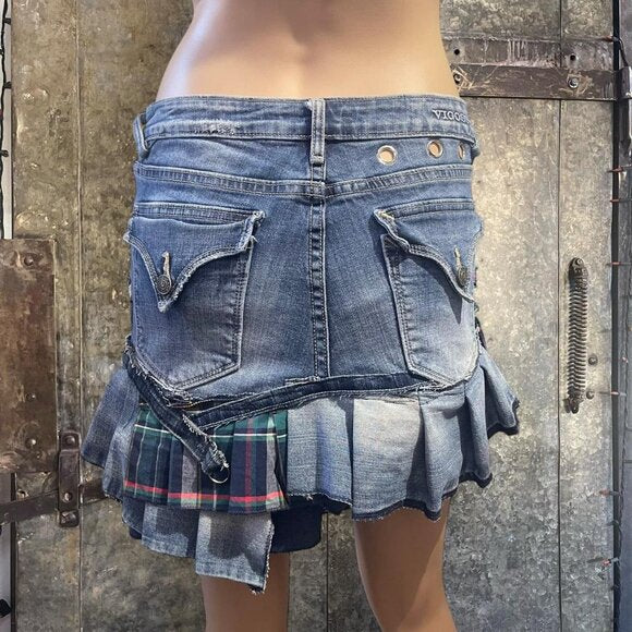 Y2k mini pleated denim skirt upcycled reworked