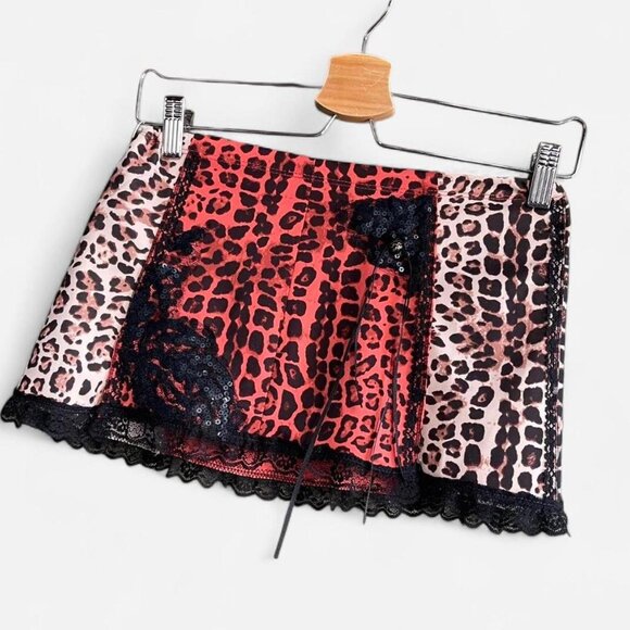 Y2K cheetah leopard mini skirt with sequins and lace upcycled