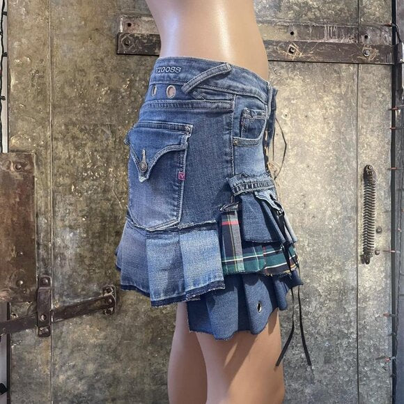 Y2k mini pleated denim skirt upcycled reworked