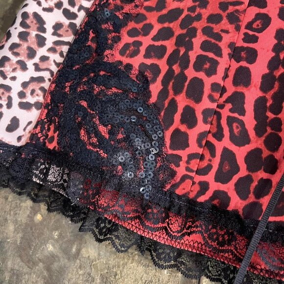 Y2K cheetah leopard mini skirt with sequins and lace upcycled