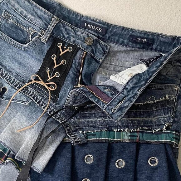 Y2k mini pleated denim skirt upcycled reworked